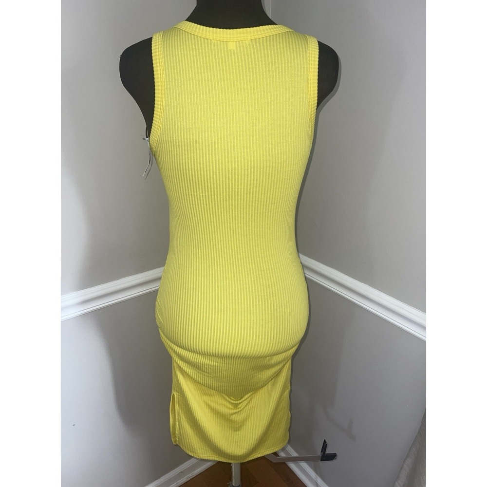 Antistar Bodycon Tank Dress Medium Yellow Ribbed Knit Side Slits Midi Ruched New - Picture 4 of 4